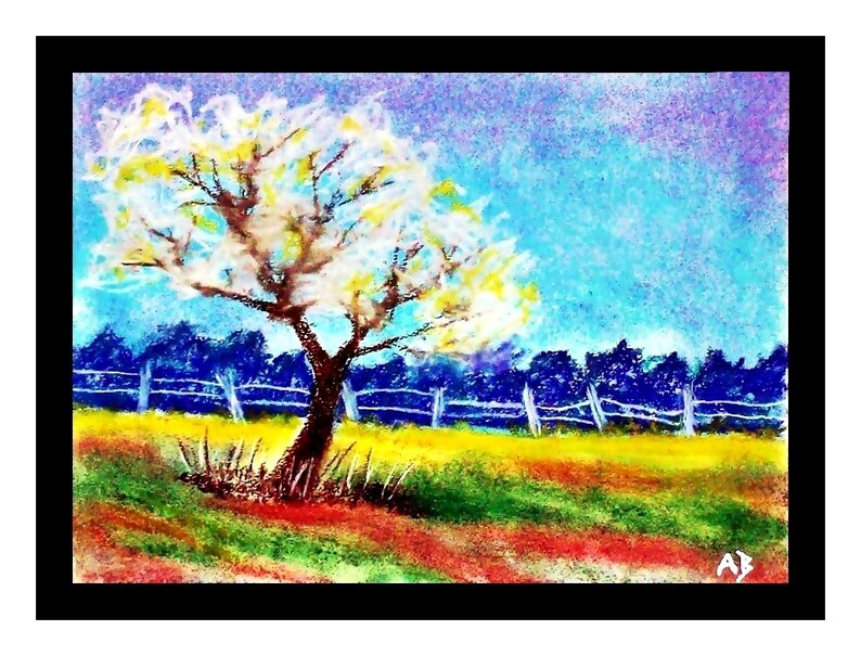 May include: A pastel drawing of a white tree with a brown trunk in a field with a blue sky and a fence in the background.