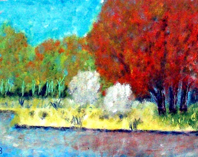 2018#46_Flusslandschaft, oil painting, forest, trees, meadow, grass, bushes, river, autumn, landscape, nature, oil painting, oil painting
