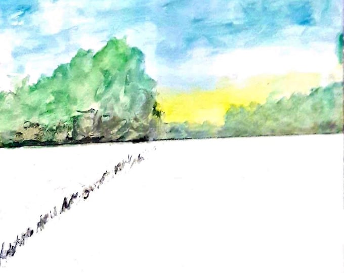 2019-28_Winterfeld, watercolor painting, winter landscape, trees, forest, snow, field, landscape, winter, watercolor painting, watercolor painting