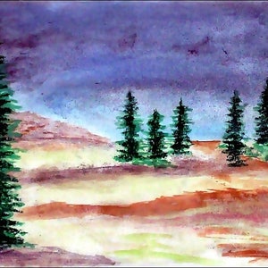 May include: Watercolor painting of a landscape with a purple sky and green trees. The trees are in a row in the foreground, with a brown and yellow field behind them.