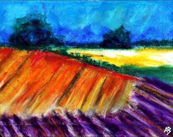 2018 # 02_Feldlandschaft, pastel painting, forest, trees, fields, meadow, bushes, grass, sky, pastel painting, landscape painting, pastel picture
