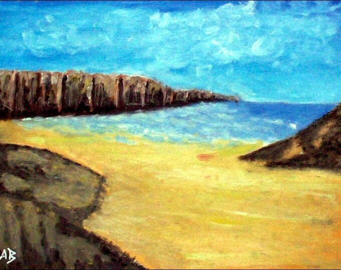 2018 # 13_Küstenlandschaft, pastel painting, sea, Cliff, Cliff, beach, pastel painting, pastel picture