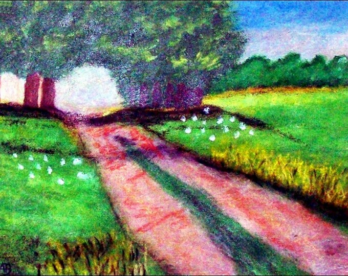 2018#21_Feldweg in summer, acrylic paintings, trees, flowers, meadow, field, dirt track, landscape, grass, acrylic painting, acrylic painting