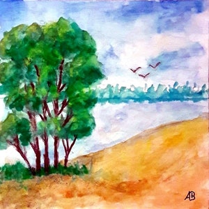 2019-29_Bäume al lago, pittura ad acquerello, foresta, acqua, campo, prato, estate, fiori, acquerelli, tela, pittura di paesaggio, pittura acquerello