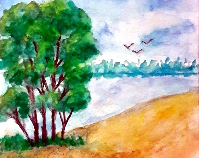 2019-29_Bäume at the lake, watercolor painting, forest, water, field, meadow, summer, flowers, watercolors, canvas, landscape painting, watercolor painting