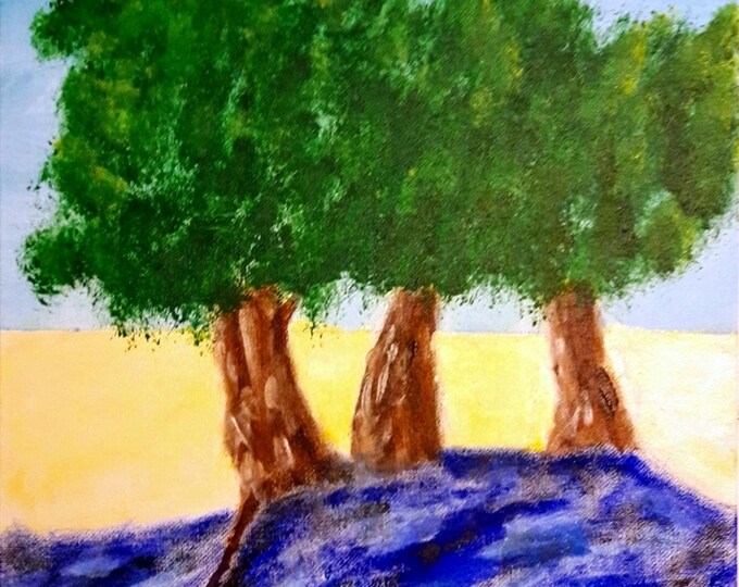 2019'31_Drei Trees by the Sea, Oil Painting, Sunset, Sea, Trees, Modern Painting, Rocks, Coast, Landscape, Oil Painting, Oil Painting