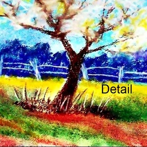 May include: A colorful painting of a tree in a field with a blue fence in the background. The tree has a thick trunk and branches with white and yellow leaves. The field is a mix of green, yellow, red, and orange. The word "Detail" is written in yellow at the bottom of the painting.