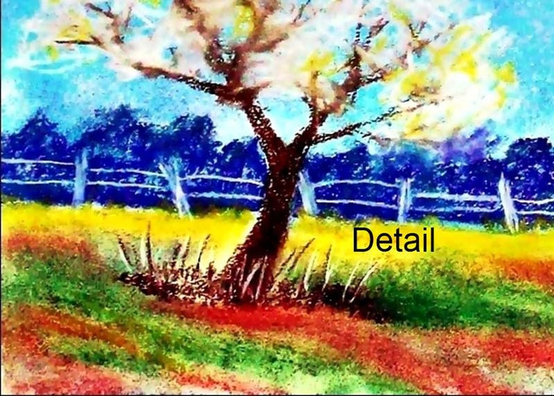 May include: A colorful painting of a tree in a field with a blue fence in the background. The tree has a thick trunk and branches with white and yellow leaves. The field is a mix of green, yellow, red, and orange. The word "Detail" is written in yellow at the bottom of the painting.
