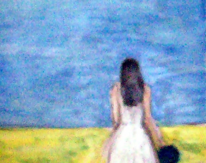 2018#55_Frau in the Field, Oil Painting, summer, Walk, Woman, Dress, hat, field, Sky, nature, Feminal, landscape painting, oil painting, oil painting