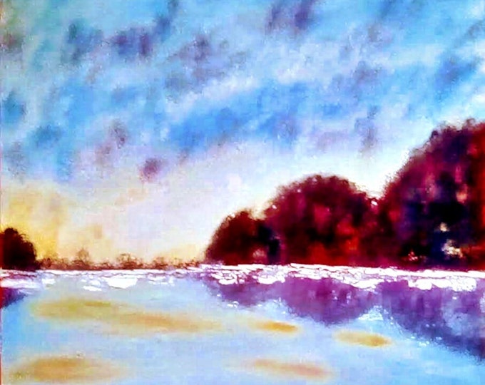 2020'15_Bäume at the lake, oil painting, seascape, trees, forest, lake, water, sky, oil painting, landscape painting, fine art painting