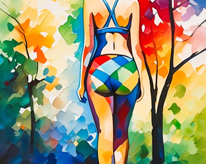 EAP21-W 6_ Woman on Pond, Art Print from Original Oil Painting by Armin Behnert, Art Deco, Oil Painting, Pond, Path, Flowers, Trees, Art Print