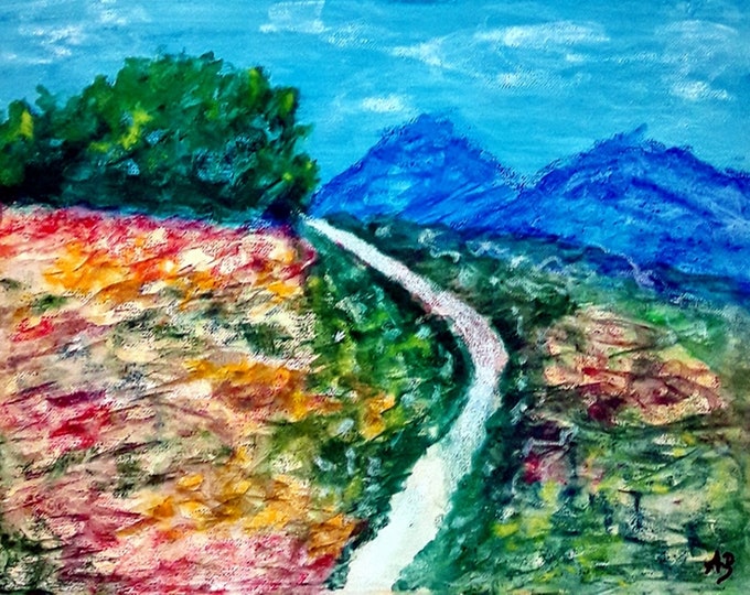 2020'02_Berglandschaft, Pastel Painting, Flowers, Hills, Mountains, Path, Path, Forest, Landscape, Pastel Painting, Pastel Painting