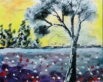 2020'13_Lavendelfeld, acrylic painting, landscape painting, lavender, Provence, trees, forest, sunset, acrylic painting, modern painting