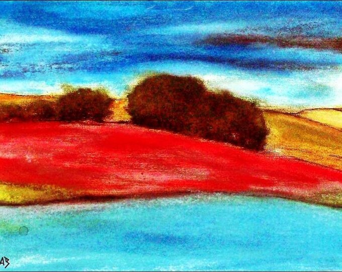 2018 # 04_Hügellandschaft, trees, pastel painting, painting, Hill, River, Lake, Sky, clouds, pastel painting, modern painting, pastel picture