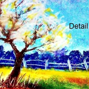 May include: A pastel painting of a tree with white blossoms in a field with a blue sky and a wooden fence. The word "Detail" is written in black text in the upper right corner of the image.