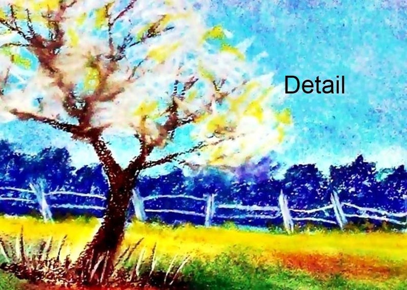May include: A pastel painting of a tree with white blossoms in a field with a blue sky and a wooden fence. The word "Detail" is written in black text in the upper right corner of the image.