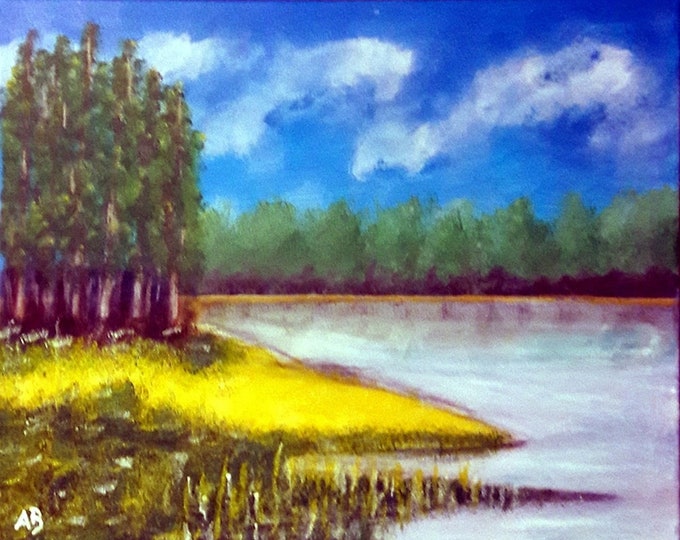 2019 21_Wald on the lake,acrylic painting, acrylic painting, lake, trees, forest, bushes, landscape, nature, acrylic painting, sky, clouds, flowers