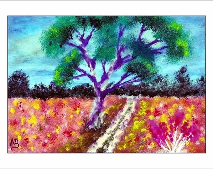 2016-01 # 02_Blumenwiesen with Lonely tree, oil painting, forest, flowers, grass, path, trees, bushes