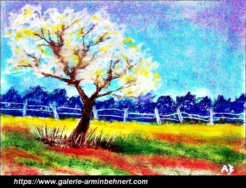 May include: A pastel painting of a white flowering tree in a field with a blue sky and a white fence in the background.