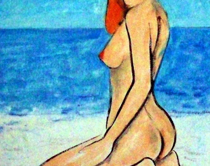 2018#53_Nacked Beachgirl, Pastel Painting, Woman, Beach, sea, nude, Eroticism, girl, Nude painting, landscape painting, Pastel Painting, Pastel Painting