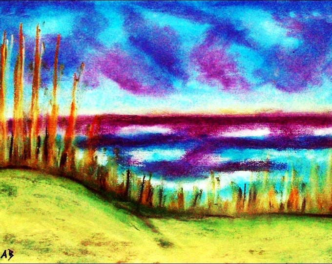 2018 # 06_Strandlandschaft, sea, beach, pastel painting, grass, dunes, waves, landscape painting, pastel, pastel painting