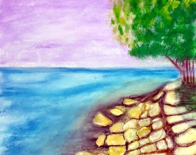 2020-20_Felsenstrand, mixed media, sea, beach, waves, rocks, path, trees, landscape, mixed media painting, painting