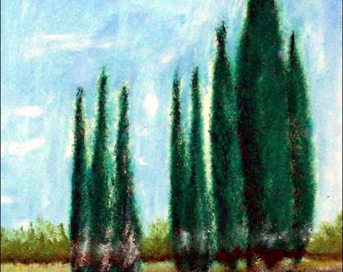2018#38_Landschaft with cypress trees, oil paintings, landscape, trees, forest, cypress trees, fields, meadow, flowers, dirt track, oil painting, oil painting