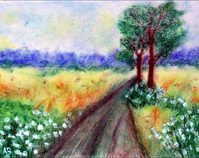 2018 # 36 _ Trees on the way, pastel paintings, forest, fields, trees, dirt track, flowers, nature, landscape, pastel painting, pastel painting