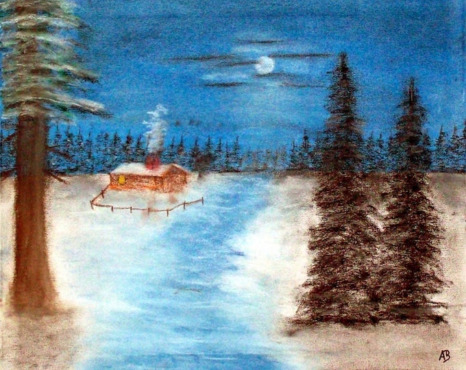2019-03_Winter Night at the Forest,Pastel Painting, Winter, Hut, Forest, Trees, Snow, Ice, Night, Pastel Painting, Landscape, Pastel Chalk