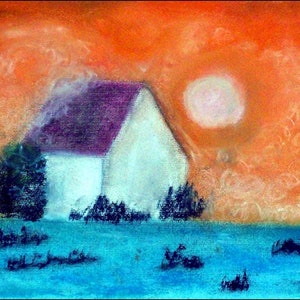 2018 # 18_Winterhaus, pastel painting, winter, Sun, house, snow, bushes, trees, sunset, pastel painting, pastel picture