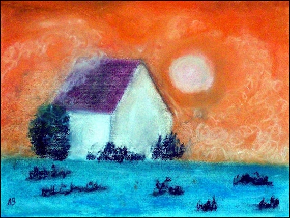 2018 # 18_winterhaus, Pastel Painting, Winter, Sun, House, Snow