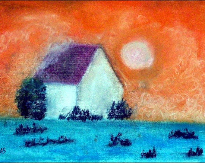 2018 # 18_Winterhaus, pastel painting, winter, Sun, house, snow, bushes, trees, sunset, pastel painting, pastel picture