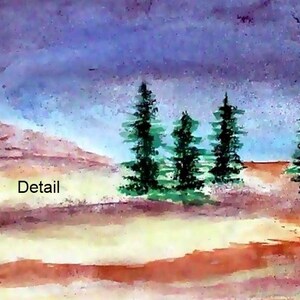 May include: A watercolor painting of a landscape with a purple sky and a row of green trees in the foreground. The text "Detail" is written in the lower left corner of the painting.