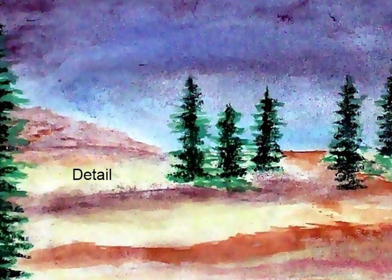 May include: A watercolor painting of a landscape with a purple sky and a row of green trees in the foreground. The text "Detail" is written in the lower left corner of the painting.