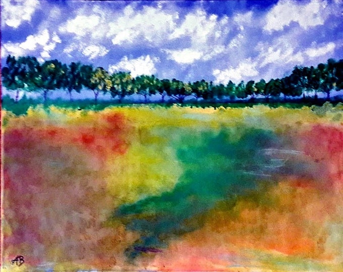 2020-01_Bäume and Field, Mischtechnk Paintings, Landscape, Sky, Clouds, Trees, Field, Meadow, Grass, Nature, Mixed Media Painting