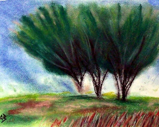 2018#40_Three Trees, pastel painting, trees, meadow, grass, path, landscape, modern painting, pastel painting, pastel painting, landscape