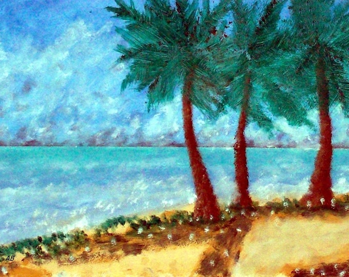 2018#47_Palmen on the beach, mixed technology painting, sea, beach, palm trees, trees, sky, flowers, grass, sand, seascape, mixing technology painting