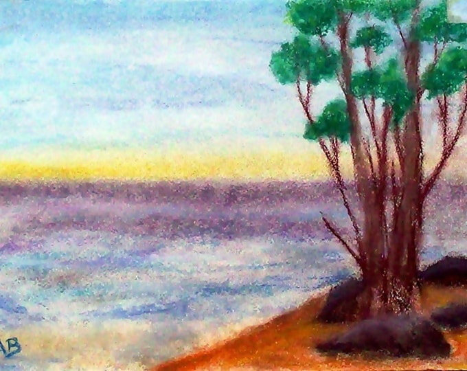 2018#44_Meerlandschaft, pastel painting, sunset, sea, waves, sky, coast, beach, trees, landscape, pastel paintings