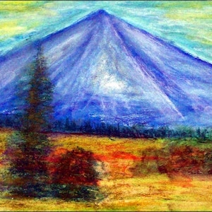 May include: A painting of a mountain range with a blue sky and a single tree in the foreground. The mountain range is painted in shades of blue and purple, and the sky is a light blue with some white clouds. The tree is a dark green and is silhouetted against the mountain range.