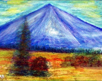 May include: A painting of a mountain range with a blue sky and a single tree in the foreground. The mountain range is painted in shades of blue and purple, and the sky is a light blue with some white clouds. The tree is a dark green and is silhouetted against the mountain range.