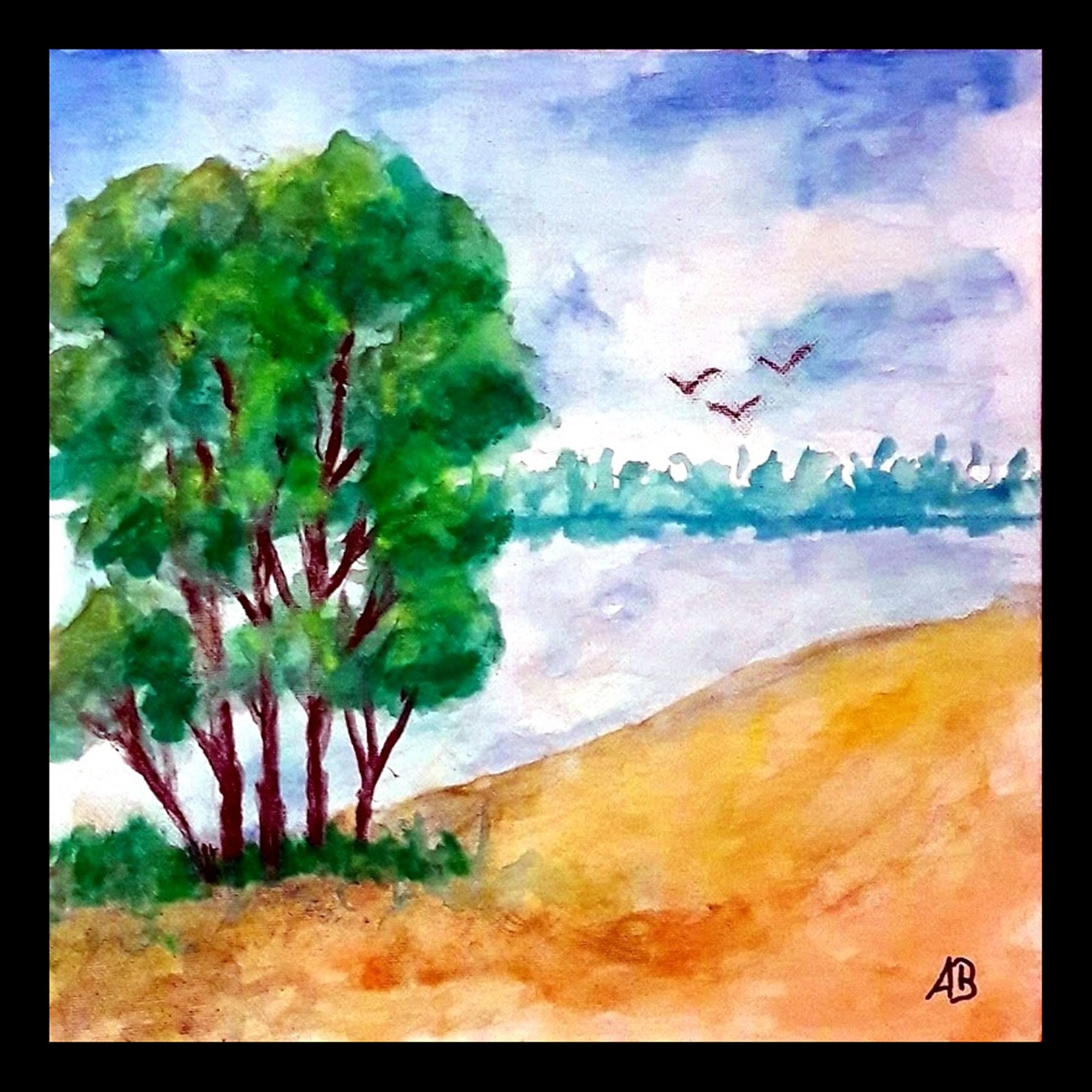 2019-29_Bäume at the lake, watercolor painting, forest, water, field