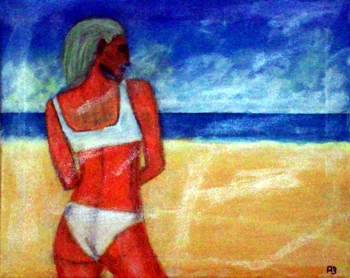 2019 08_Young Girl on Beach, acrylic painting, beach scene, woman, sea, beach, summer, seascape, acrylic painting, landscape