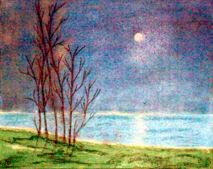 2019-04_Night over the sea,Pastel, Acrylic Painting, Full Moon, Night Sky, Sea, Beach, Trees, Grass, Landscape, Landscape Painting