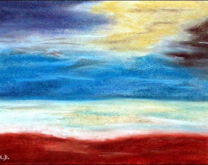 2018 # 17_Strandlandschaft, pastel painting, sea, beach, waves, clouds, sky, pastel painting, MEERLANDSCHAFTM, pastel picture