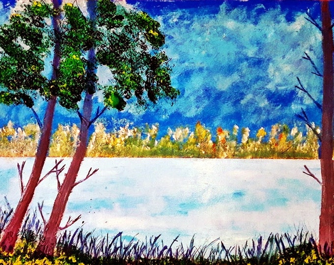 2020'06_Waldsee, oil paintings, trees. Forest. lake, nature, grass, sky, landscape, landscape, oil paint, oil painting, oil painting
