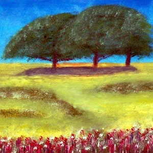 2018 #50_Three alberi, olio pittura, tre alberi, campo, Prato, natura, erba, fiore, estate, paesaggio, pittura a olio, pittura a olio