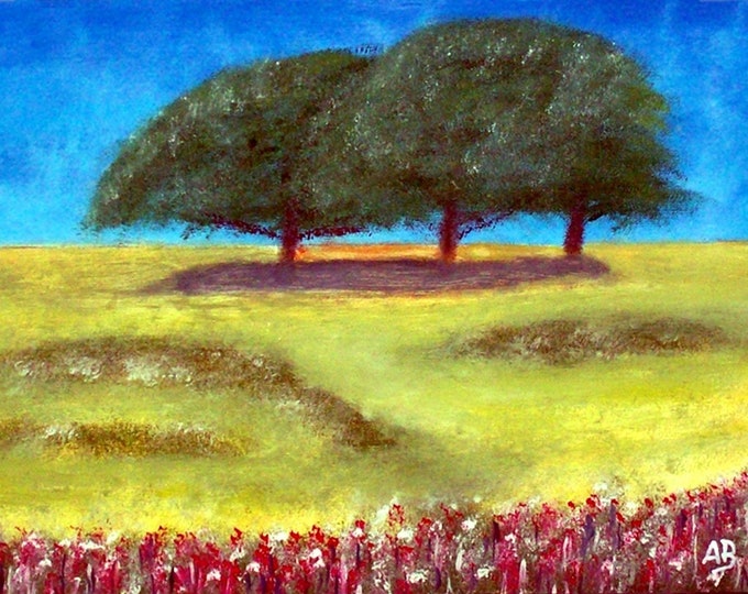 2018#50_Three Trees, Oil Painting, Three Trees, Field, Meadow, Nature, Grass, Flowers, Summer, Landscape, Oil Painting, Oil Picture