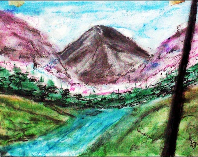 2018 # 19_Berglandshaft, pastel paintings, mountains, hills, trees, forest, tree, brook, Water, meadow, river, landscape, pastel, pastel painting