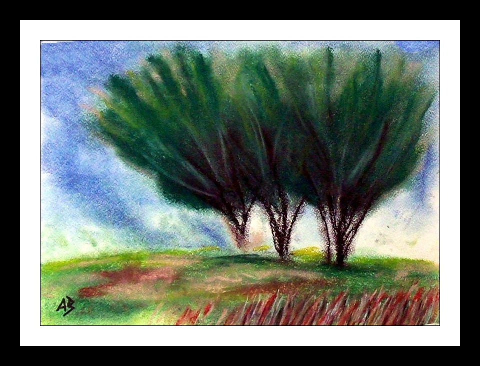 2018#40_Three Trees, pastel painting, trees, meadow, grass, path