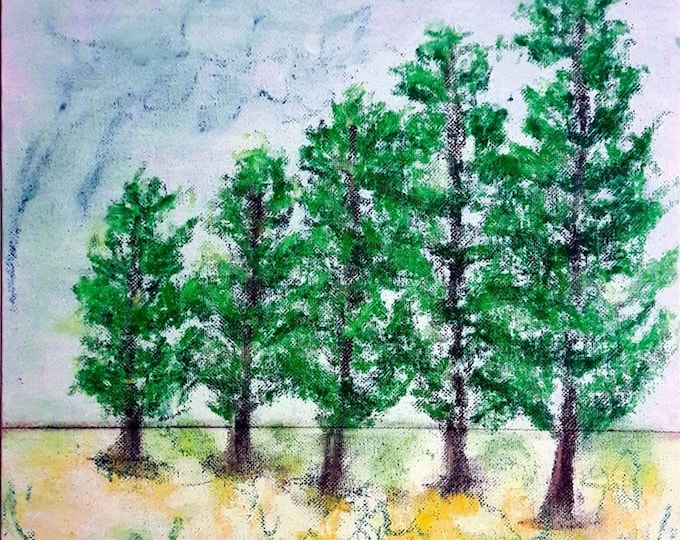 2019-32_Bäume on the field, pastel painting, landscape, nature, forest, trees, field, grass, sky, pastel painting, pastel painting, landscape